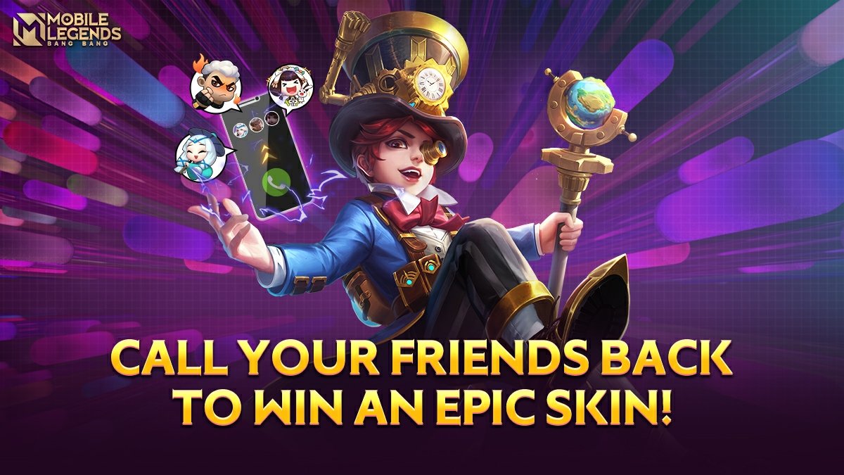 MobileLegendsOL's tweet photo. Call your friends back for an Epic Skin!

Starting from today, you can post a screentshot of your Friends Callback Event progress in the comment section. We will select lucky players on June 22 and gift them with an Epic Skin! https://t.co/JHv4tMDDp3