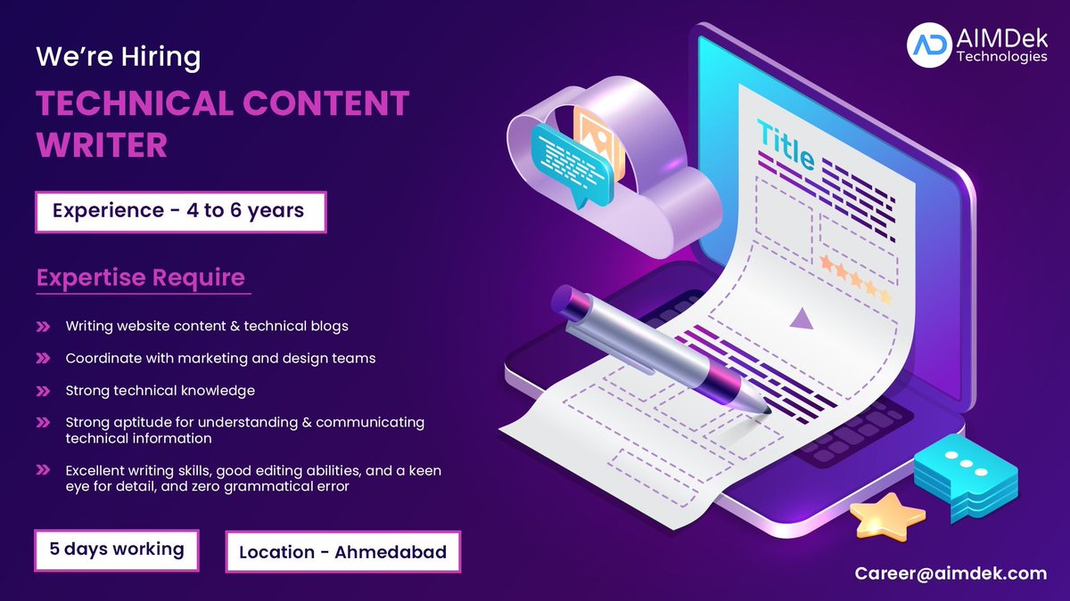 AIMDekTech's tweet image. AIMDek Technologies is looking for a Technical Content Writer. Interested candidates can share their updated resume on - career@aimdek.com

#contentwriter #writing #TechnicalContentWriter #helping #Writer #helpinghand #Ahmedabad #urgentopening #immediate