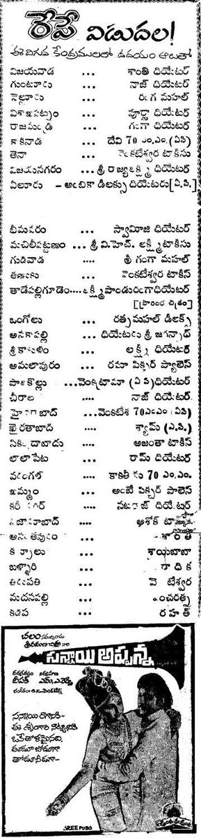 onlymoviesnews's tweet photo. 41 Years For Natabhushan Sobhan Babu garu’s #SannayiAppanna !!

Poorna Theater, Vizag 28 Days RUN !!

@realjayaprada #Deepak #Chalam #GKVenkatesh

#41YearsForSannayiAppanna (20/06/1980) @baraju_SuperHit https://t.co/lczSkwDo9y