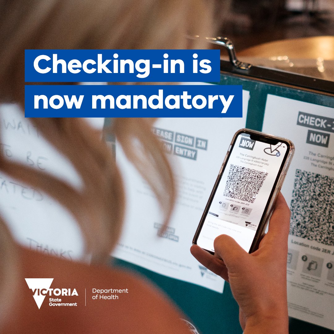 VicGovDH's tweet photo. Checking-in via a QR code using the @servicevic app is now mandatory for all Victorians even if you’re visiting a venue for less than 15 minutes. #checkinvic [1/2] https://t.co/KfLSjySoTY
