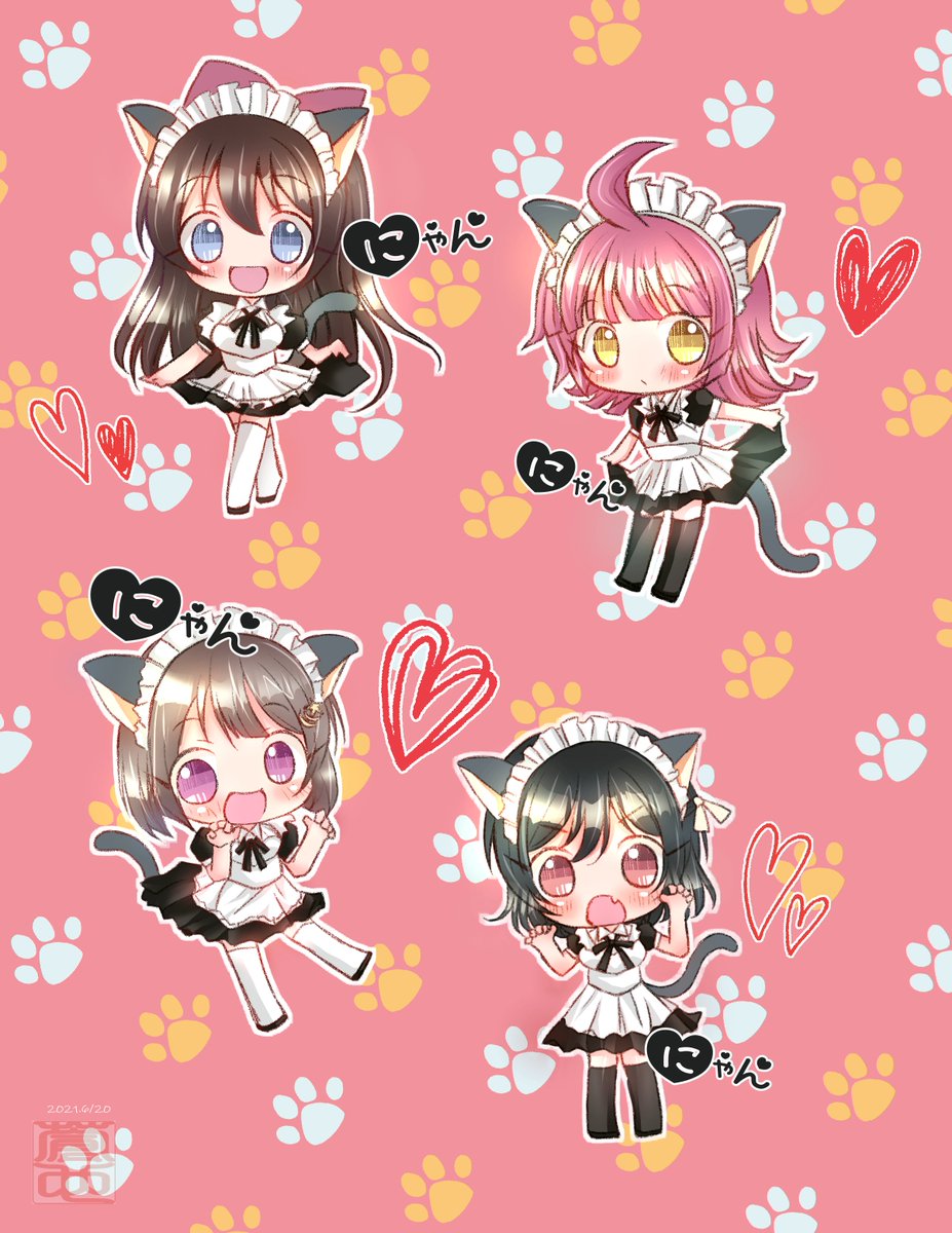 nakasu kasumi ,tennouji rina multiple girls animal ears 4girls pink hair cat ears maid headdress tail  illustration images