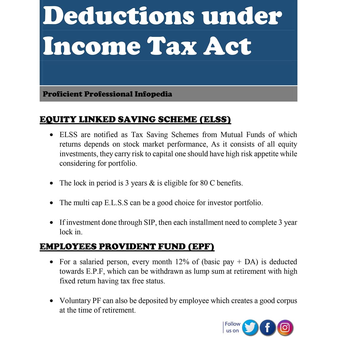 ProficientProf1's tweet photo. Are you bit confused about Deductions? 
#deduction #exemption #taxreduction #incometax #Elss #epf #esic #kvp #NPS #PPF #LIFEINSURANCE #SCSS ##SSY #80TTA #80TTB #80C #80D #incometaxact1961 #difference #financeminister #directtax #taxinfo #taxknowledge #taxupdate #taxgyaan https://t.co/oEemgozEcf