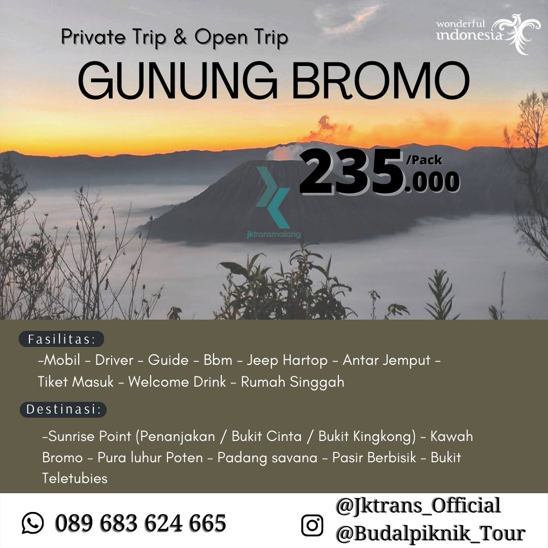 JkTransofficial's tweet photo. merapat yuk ke bromo. Paket hemat sudah dapat semua fasilitasnya .@JkTransofficial @e100ss @Senaputra_FM @radio_ub @TidarSaktiFM @KosmonitaMalang @infomalangku 
#jktrans #malang #bromo https://t.co/qLG9JbcWqK