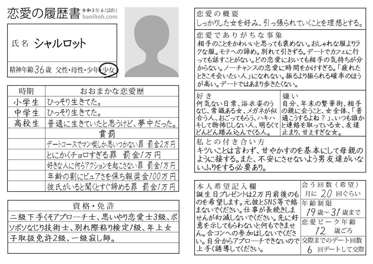 シャルロット 履歴書診断 シャルロットさんの恋愛履歴書が公開されました ありがちな事象 相手のことをかわいいと思っても褒めない おしゃれな服よりラクな服 モテへの諦め 別れて引 ハニホー 詳細 みんなやろう T Co シャルロット 履歴書診断 シャルロットさんの恋愛履歴書が公開されました ありがちな事象 相手のことをかわいいと思っても褒めない おしゃれな服よりラクな服 モテへの諦め 別れて引 ハニホー 詳細 みんなやろう T Co
