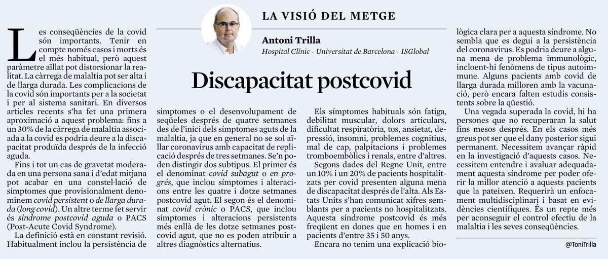 ToniTrilla's tweet photo. Les complicacions de la COVID-19 (10-20%) són importants. 
Inclouen múltiples símptomes.
Les anomenem COVID persistent, de llarga durada o síndrome post-COVID agut (PACS)
Són més freqüents en dones entre 35 i 50 anys.
Hem d’avançar en la seva recerca.
@LaVanguardia https://t.co/vX1yraQ7bZ