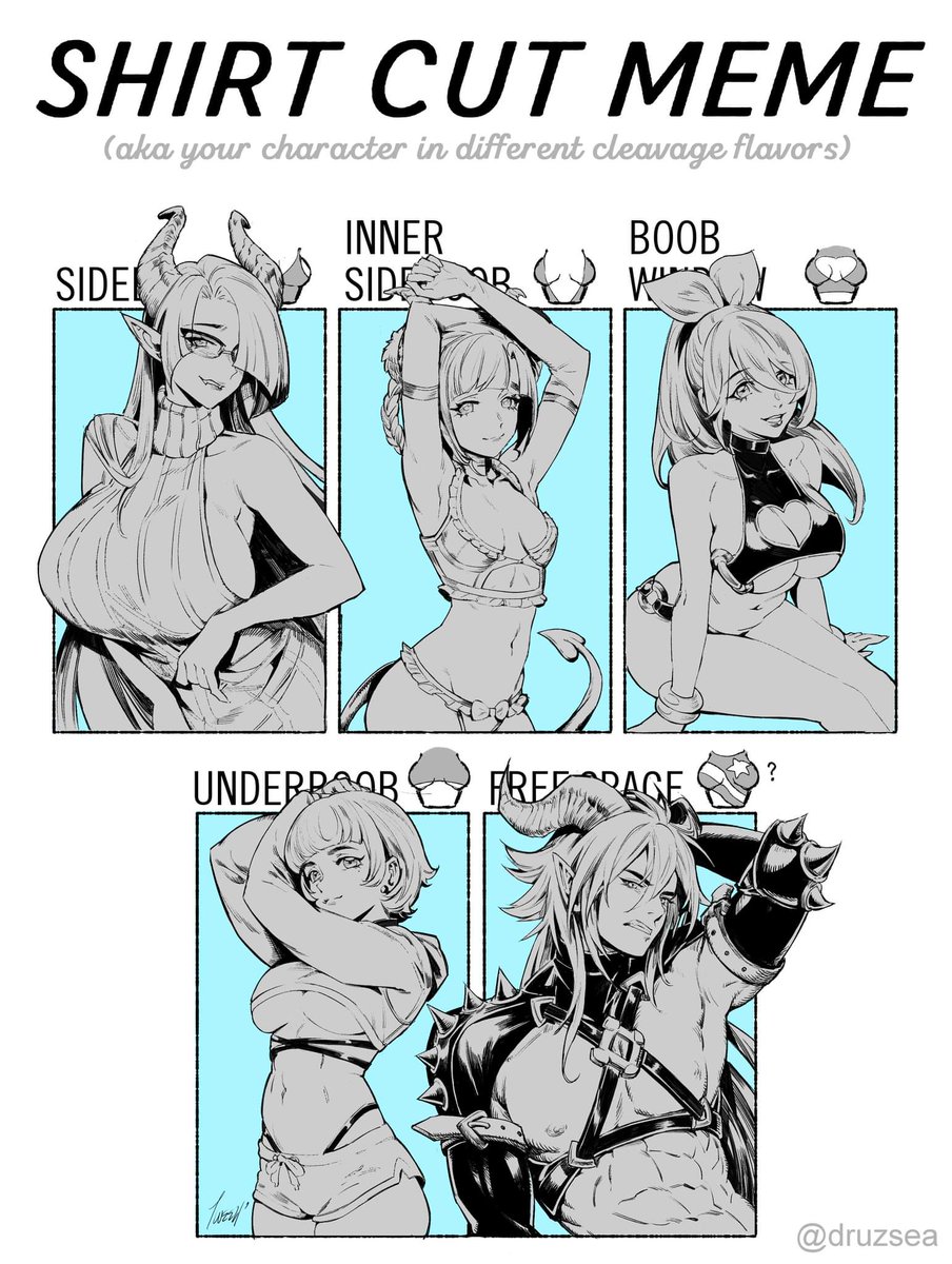 Shirt cut meme by @druzsea featuring my incubus/succubus siblings and pizza delivery girl OC's!
(Tweeting this now just in case I never get to the coloring stage)