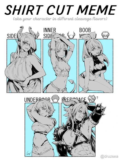 Shirt cut meme by @druzsea featuring my incubus/succubus siblings and pizza delivery girl OC's! 

(Tweeting this now just in case I never get to the coloring stage) 