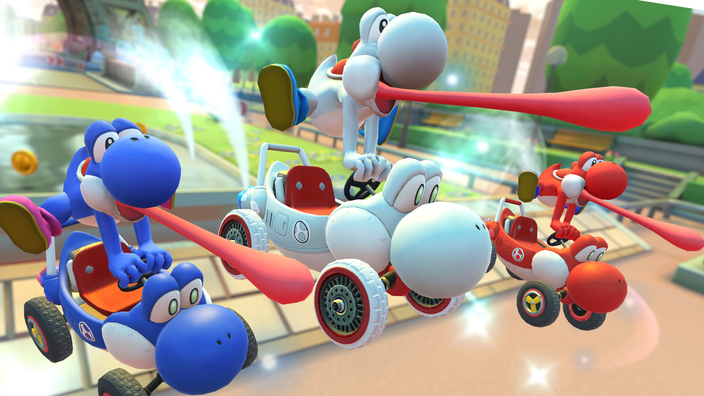 マリオカート ツアー ペロンと舌出す3色の ヨッシー ヨッシーターボに新色 あおヨッシーターボ を加え それぞれお揃いの3色のマシンと共に登場 本日から期間限定で トリコロールヨッシードカン がスタート マリオカートツアー