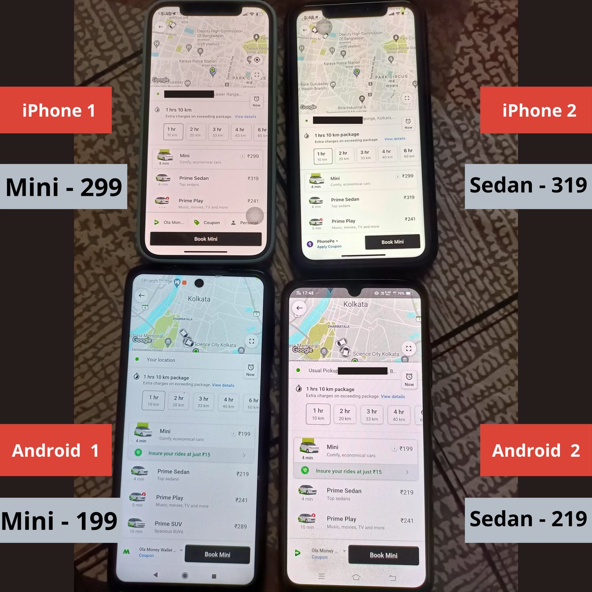 xprilion's tweet photo. iPhone users paying more to use @Olacabs?

It has been pouring in Kolkata for a few days. Yesterday 4 of us tried booking a cab from Ola from the same room.

Surprised to see that the rental prices of Ola Mini and Prime Sedan cabs were straight up by 100 bucks on the iPhones https://t.co/iT7nr2ivQ1