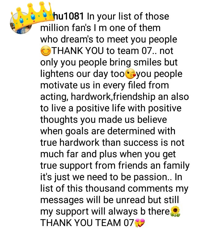FaisnainS's tweet photo. Saw this comment in one of the team07's post and this comment just told everything..
A true feeling of #team07lovers 
WE LOVE TEAM07 https://t.co/FsjpPDsVYo