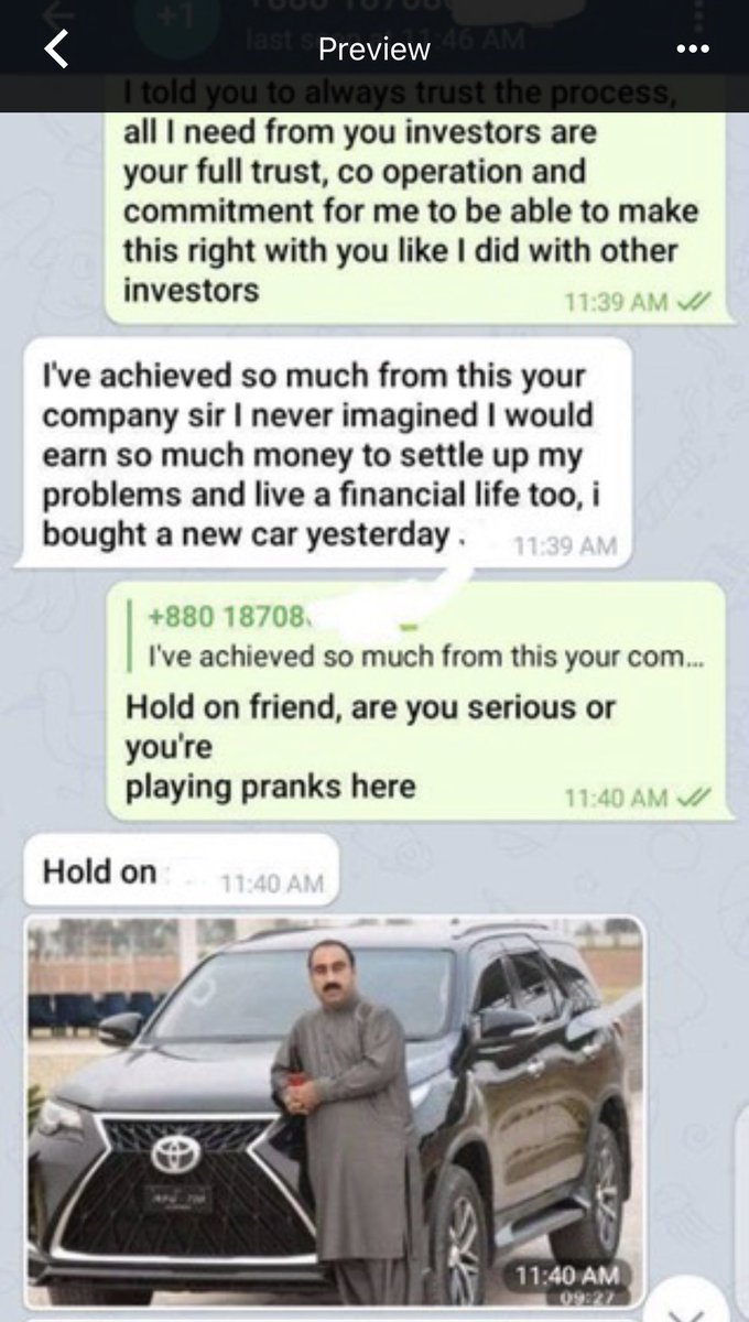 bitcoin_paris_'s tweet photo. #scammer update. 

After I asked him for an official contact he came back with this !! 

He attached screenshots from his “millionaire guy” he made rich and now he has a new car 🤣🤣

Still no contract though. 

#btc #scammers https://t.co/Vd80xcPhWq