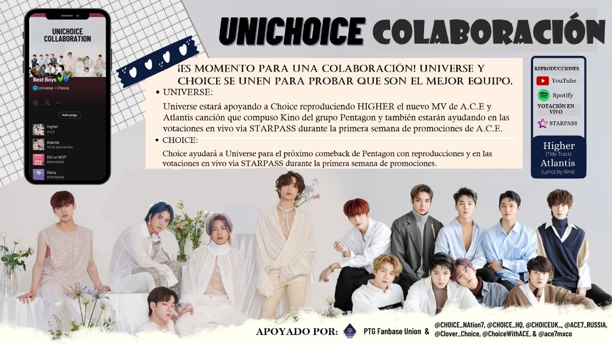 ACEPuertoRico's tweet photo. 🌴📢 [HEY UNICHOICE!]🌌#UniChoiceCollab

Universe ha aceptado ayudarnos con las reproducciones y votaciones en vivo de #ACE_Higher, y a cambio mostraremos nuestro apoyo durante el próximo Comeback de Pentagon.

Ayudémonos unos a otros, de acuerdo? 🤍
#ACE #에이스 #ACE_COMEBACK https://t.co/DIBc6aFDeR