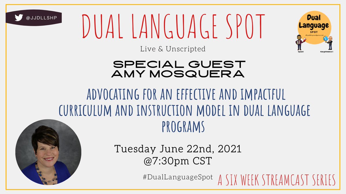JJDLLshp's tweet photo. Are you ready for our 3rd #DualLanguageSpot #Livestream #episode on #advocacy? 

Join us next week, Our good friend &amp; colleague Amy Mosquera @GrupoAdelante will chat with us about advocating for curriculum and instruction that works in #duallanguage classrooms! Don’t miss it! https://t.co/LFA4TszWUx