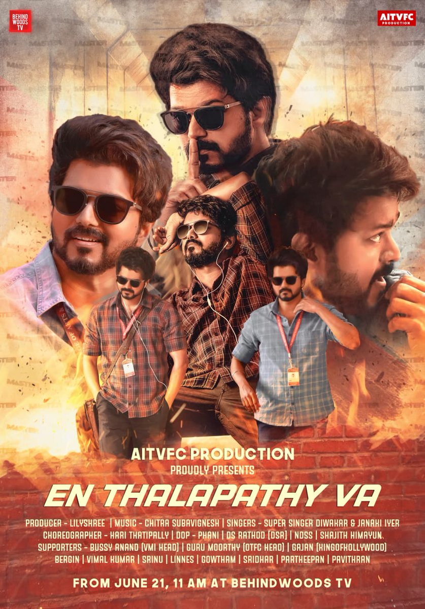 RIAZtheboss's tweet photo. #EnThalapathyVa album, a tribute to #ThalapathyVijay @actorvijay from June 21, 11am @behindwoods
Produced by @lilyshree #AITVFC Production @AITVFCofficial
Music @Mersal_Vicky_
@BussyAnand @pondysaravanan
@IamBerginVJ @Kettavan_Freak https://t.co/sk6jc0rNiZ