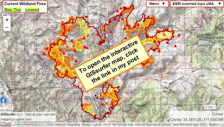MappingSupport's tweet image. Sunday June 20. #BackboneFire, west of Pine AZ. 24,175 acres per 1:17am infrared (IR) flight. Red/black line is perimeter determined by IR analyst. See 2 links upper left corner.  #AZwx #AZfire

Open #GISsurfer map: bit.ly/3wLI00w