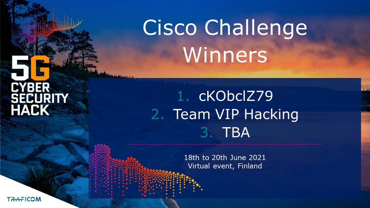 TraficomFinland's tweet photo. Great job white hat hackers! 💙 Here comes @Cisco #5GCyberHack challenge winners: 1st prize cKObclZ79 to team from Vietnam, Kazakstan and Egypt, 2nd prize to Team VIP Hacking from Finland. The 3rd prize winner will be announced later on Sunday Jun 20! #cybersecurity #5G https://t.co/HB1RLYMF5J