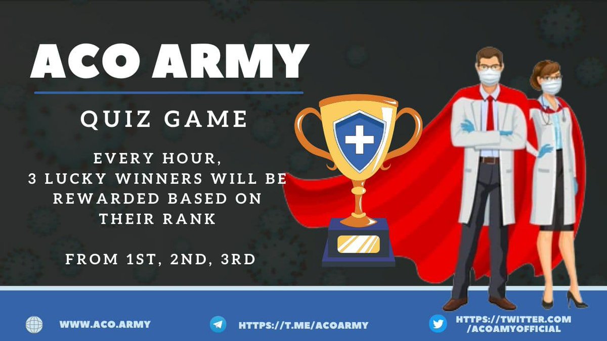 Kindly prepare for the upcoming QUIZ GAME EVENT !!! 
We will ask a simple question to you guys and every right or related answers will be considered as winner
3 person will be rewarded according with there rank to 1st to 3rd in every 1 hour 
t.me/acoarmychannel…