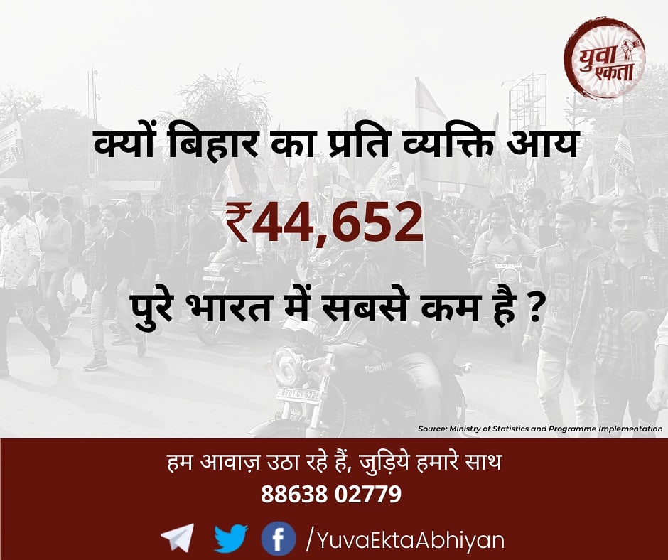 sanyuktchhatra's tweet photo. क्यों बिहार का प्रति व्यक्ति आय ₹44,652
पुरे भारत में सबसे कम है?
#YuvaEktaAbhiyan 
#Bihar #Patna https://t.co/ecOW4yO2tv
