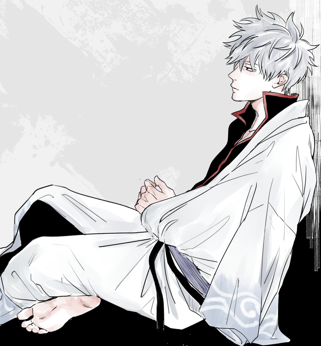 sakata gintoki 1boy male focus solo barefoot japanese clothes sitting white kimono  illustration images