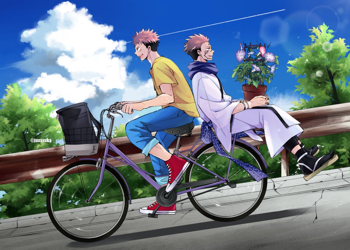 itadori yuuji ,ryoumen sukuna (jujutsu kaisen) 2boys multiple boys bicycle pants yellow shirt male focus ground vehicle  illustration images