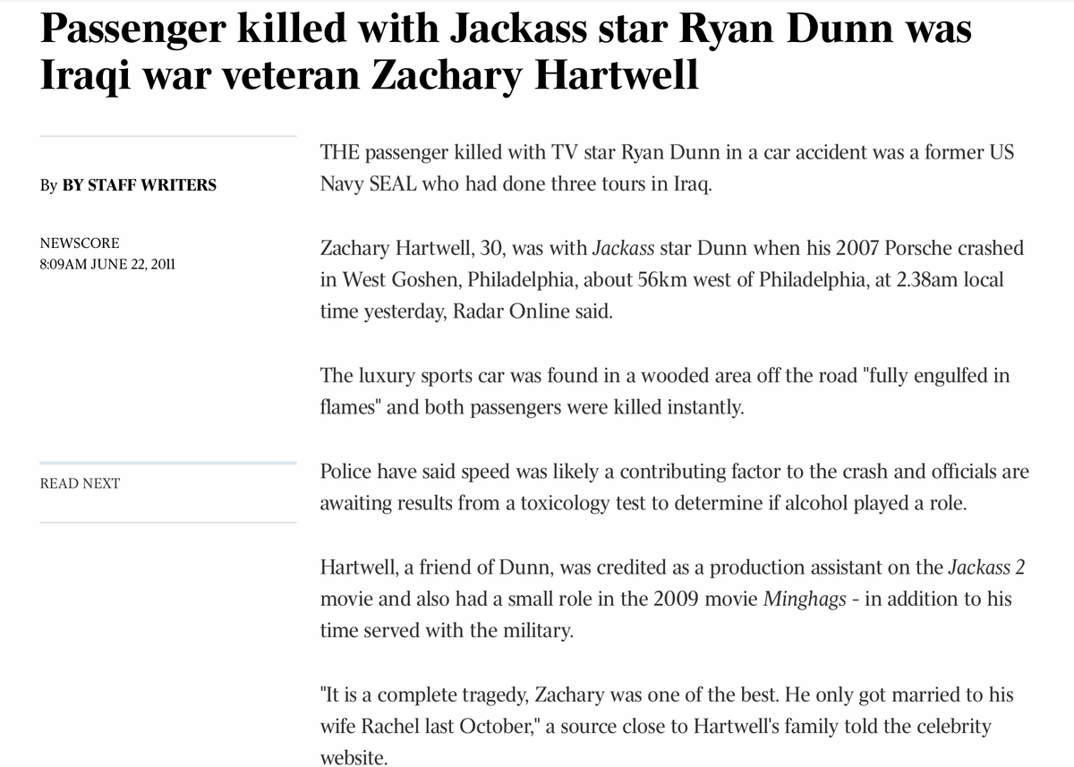 TIL that Ryan Dunn's passenger was a US Navy SEAL who was likely in the same unit as the SEALs who died in that helicopter crash a couple months after his death. The ones who were involved with the Osama mission. Weird lol https://t.co/KvaSFp91zh