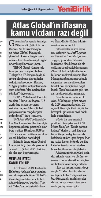 ATLAS GLOBAL’İN İFLASINA
KAMU VİCDANI RAZI DEĞİL.