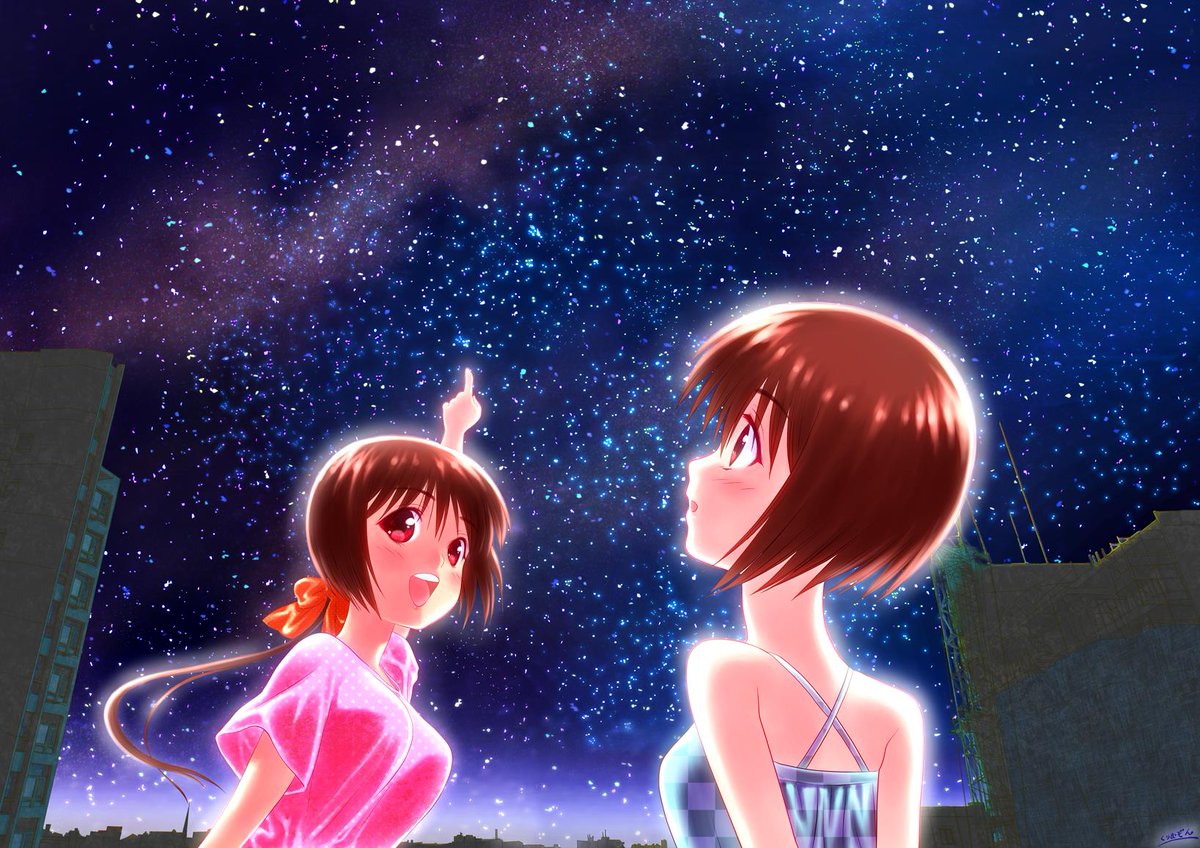 うちの子姉妹でこんばんは✨
早く梅雨が明けて夜空🌃を楽しむ夏が待ち遠しいです🌟
#梅雨の創作クラスタフォロー祭り 
#過去絵 #リメイク #創作 