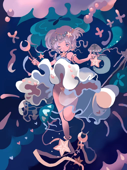 「クラゲと女神のような女の子」
久しぶりにオリジナル盛り盛り絵描きました✨ 
