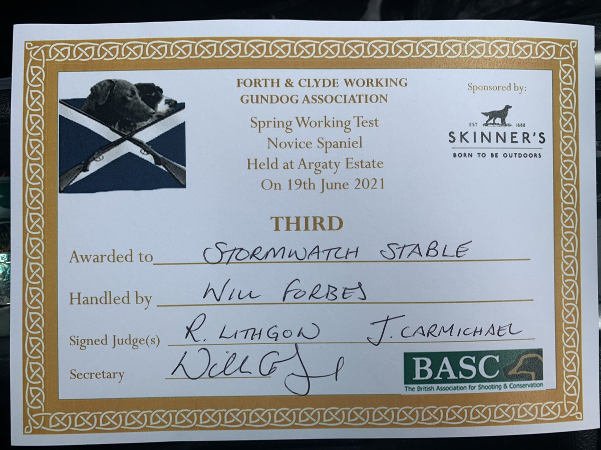 First outing in about 2 1/2 years with a dog and we didn’t disgrace ourselves!

Entered Stormwatch Stable ‘Pip’ in the novice spaniel test held by the Forth &amp; Clyde Working Gundog Association and came away with a respectable 3rd place. 

Great learning experience for Pip
