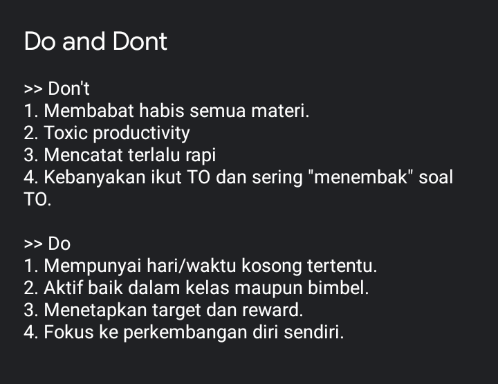 paramaatmaja's tweet photo. 『˜”*°• Do and Don't 【Before UTBK】•°*”˜』 a thread

💌 Surat terbuka untuk angkatan 22 dan seterusnya 💌

(8—10 minutes read) https://t.co/4owMm7c8ms