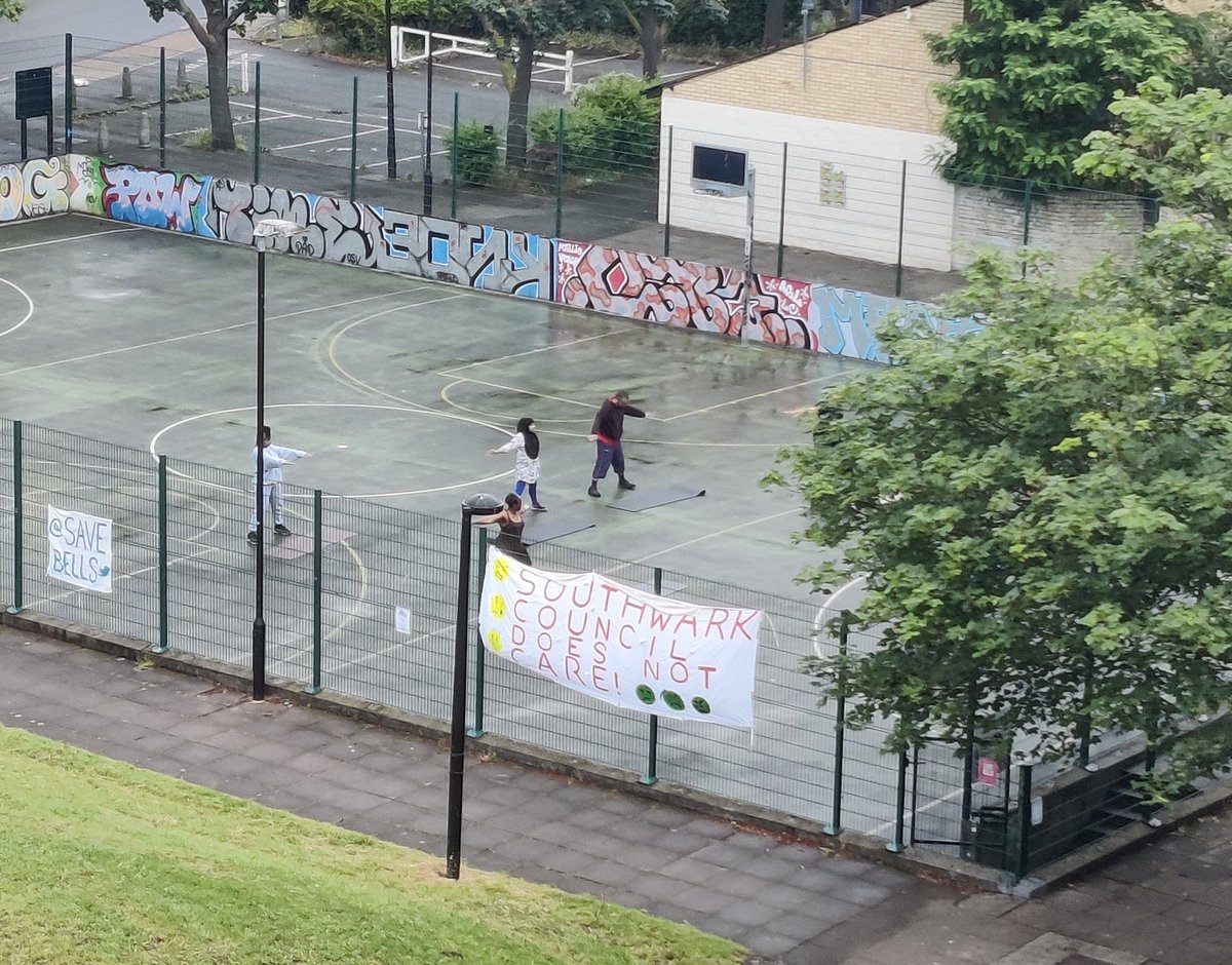 SaveBells's tweet photo. Sunday morning exercise class. @lb_southwark how can our community make the positive changes you say you want in your health and well-being strategy if you remove the very places they do it? #SaveBells https://t.co/guZRSJsM0j