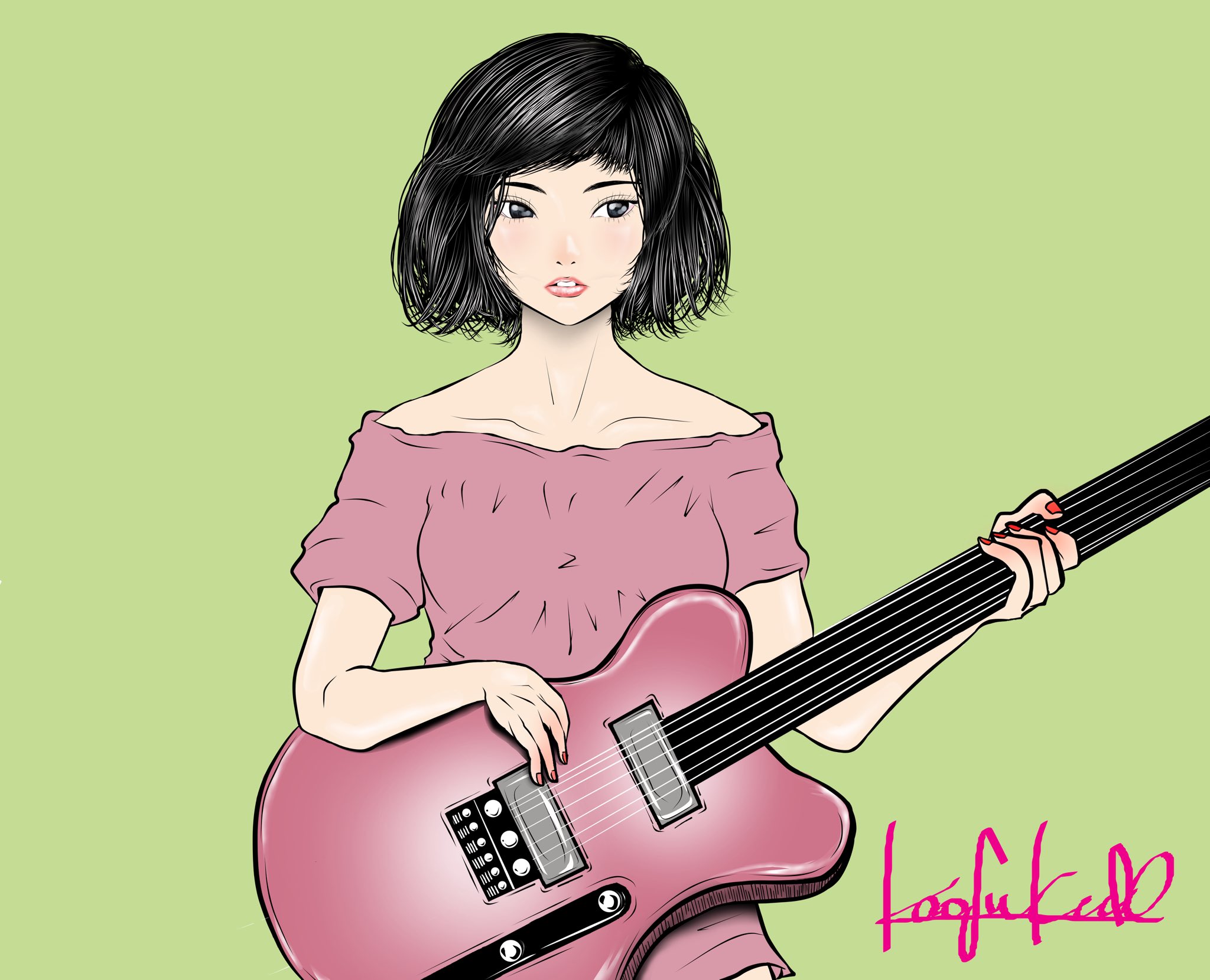 Kao Fuki お揃い ショートボブ 音楽 ギター ギター女子 ベース バンド オシャレ 髪型 ヘアアレンジ 美人 拡散 イラスト 絵描きさんと繋がりたい Illust Illustration Illustrator フォローミー Music 女の子イラスト 楽器