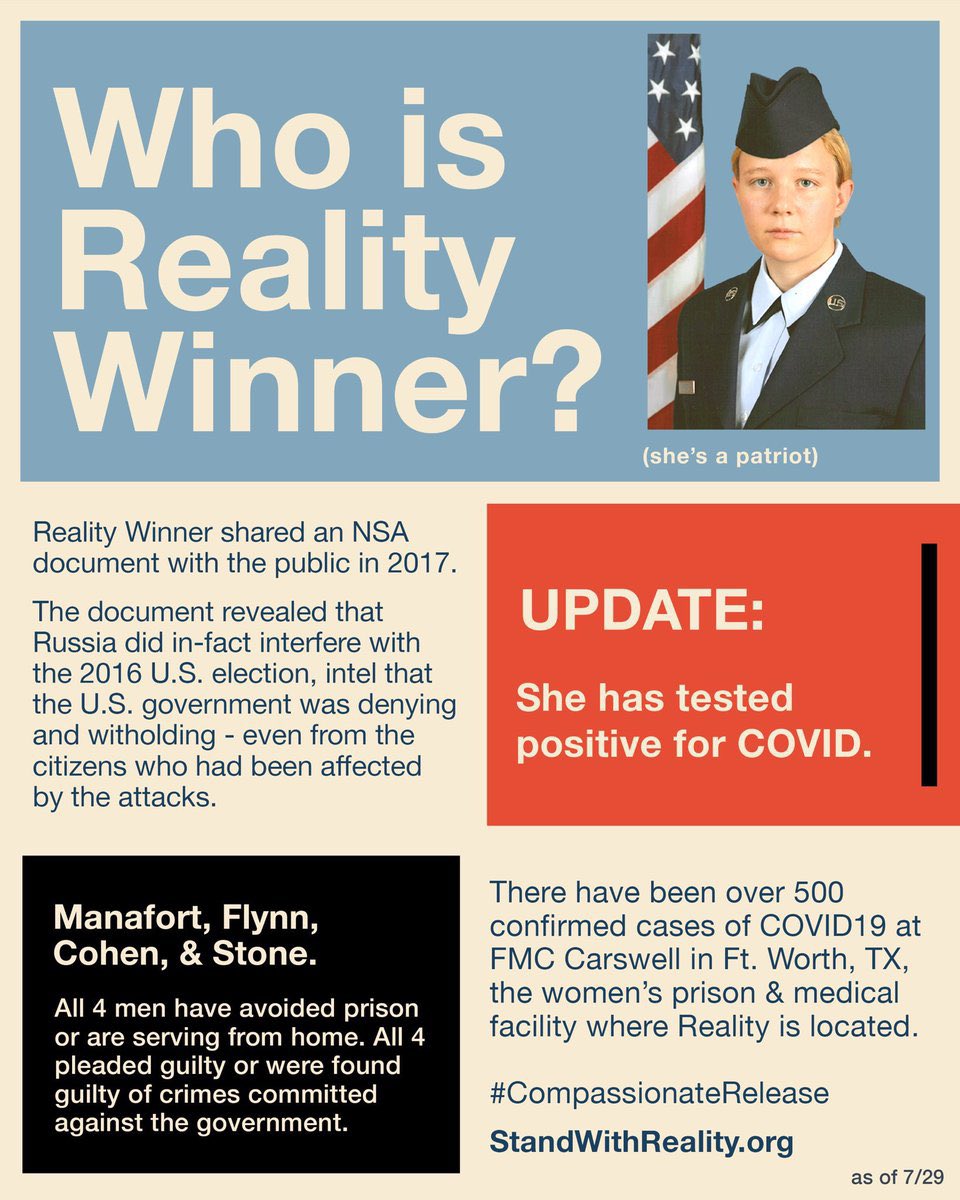isawthesethings's tweet photo. @PalmerReport #ThankYouRealityWinner
-Cryptologic language analyst fluent in Dari, Farsi, Pashto
-Air Force Commendation Medal-"aiding 650 enemy captures, 600 enemies KIA, ID'ing 900 high value targets
-Whistleblower coverup of Russia 2016 US election hacking. #PardonRealityWinnerNOW https://t.co/F7YsnW7sB2