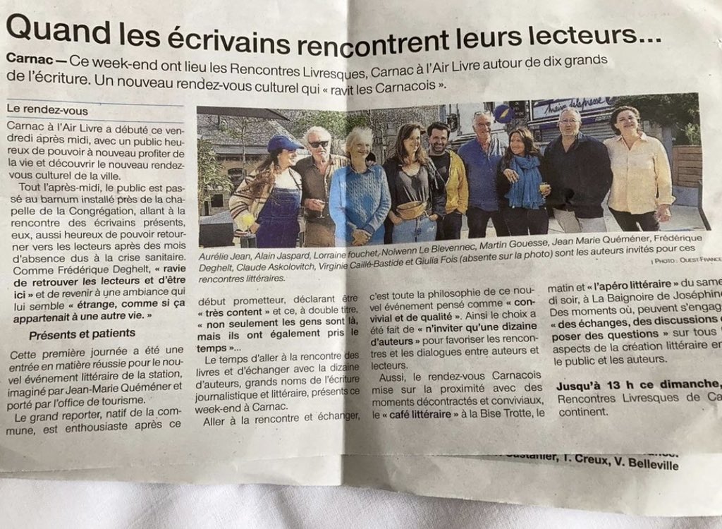 On est dans <a href="/OuestFrance/">Ouest-France</a> 😍 à l’occasion du salon Carnac à l’air livre 📚<a href="/jmquemener/">Jean-Marie Quemener</a> <a href="/nleblevennec/">Nolwenn Le Blevennec</a> <a href="/askolovitchC/">claude askolovitch</a> <a href="/LorraineFouchet/">Lorraine Fouchet</a> <a href="/MartinGouesse/">Martin Gouesse</a> <a href="/Giulia_Fois_/">Giulia Foïs</a> … 👏💪😎🤓