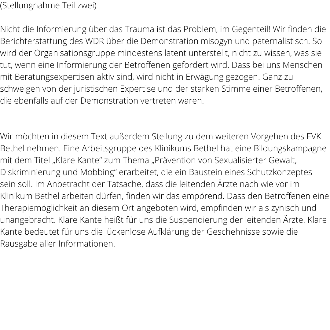 QueerBielefeld's tweet photo. Die feministische Solidaritätsgruppe bezieht Stellung auf die Berichterstattung von @aktuelle_stunde zur Demo „#Täterschutz und sexistische Gewalt beenden – in Bethel, #Bielefeld und überall“ und auf das anschließende Verhalten des Evangelischen Klinikum #Bethel. https://t.co/LgKHPNSaA8