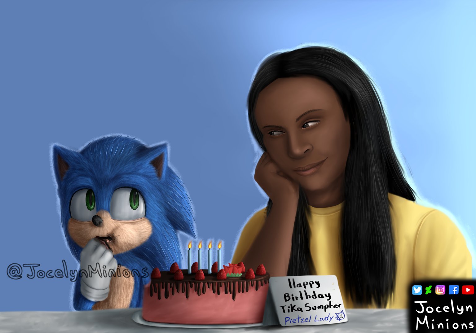 Happy Birthday Tika Sumpter 
(Pretzel Lady) Sonic, I think you shouldn\t have eaten the cake yet 