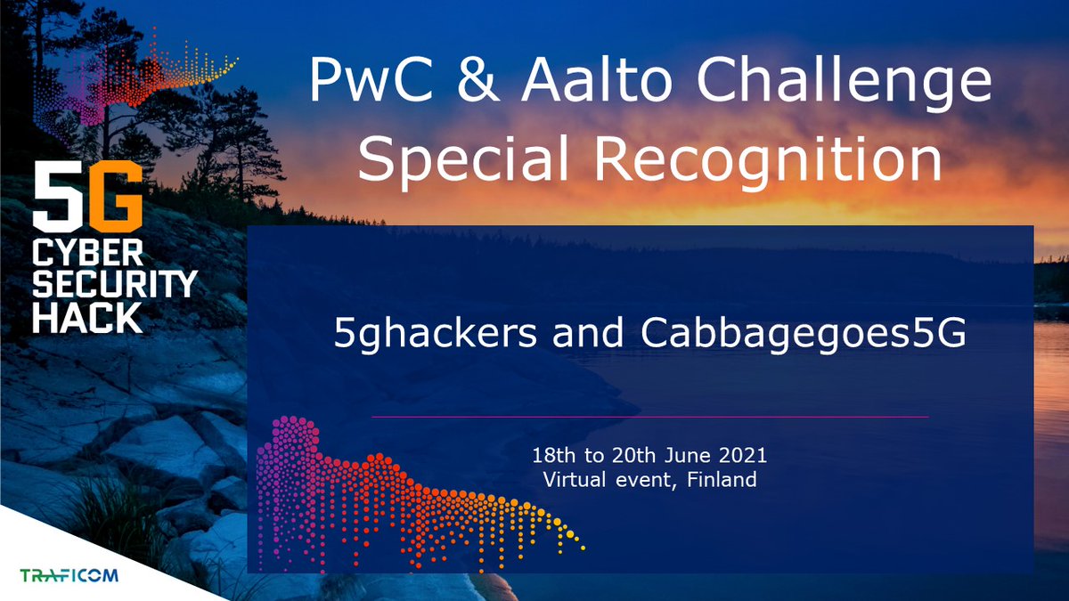 TraficomFinland's tweet photo. Great job white hat hackers! 💙@PwC_Suomi and @AaltoUniversity gave special recognition to two teams for their great efforts in the challenge: Team 5ghackers from Russia and Cabbagegoes5G from Finland. Congrats! 💙 #cybersecurity #5G #5GCyberHack https://t.co/mOxSflff0j