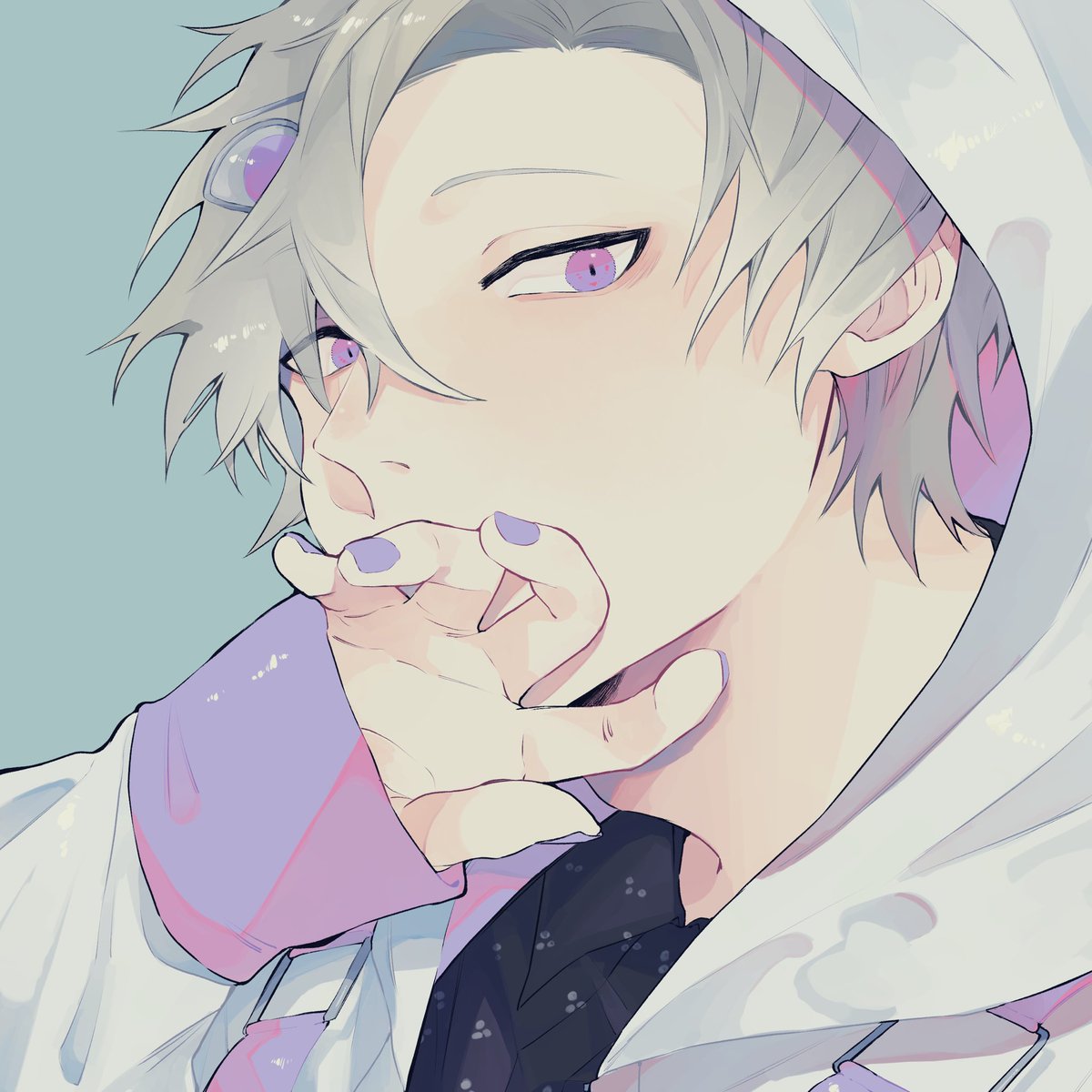 male focus 1boy solo hood purple eyes purple nails looking at viewer  illustration images