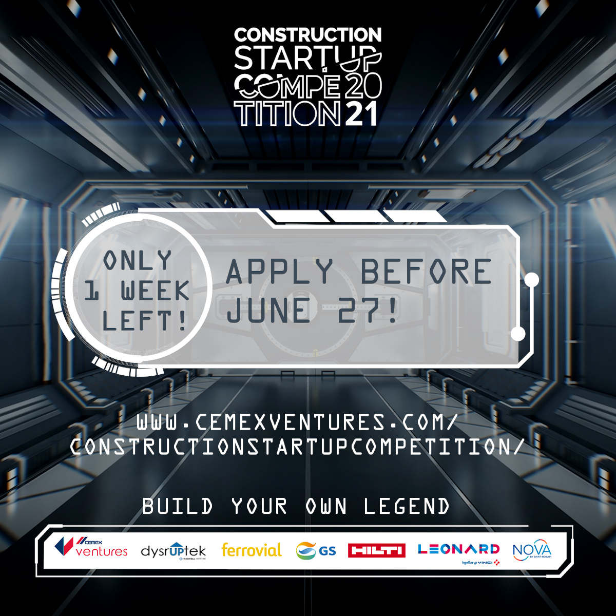 Only ONE WEEK left to participate in Construction Startup Competition 2021! Is your #startup the one that can revolutionize the #construction sector? 🏗️ 

Apply before June 27 and showcase your solution to top industry leaders! 👉 bit.ly/3gEpsJU