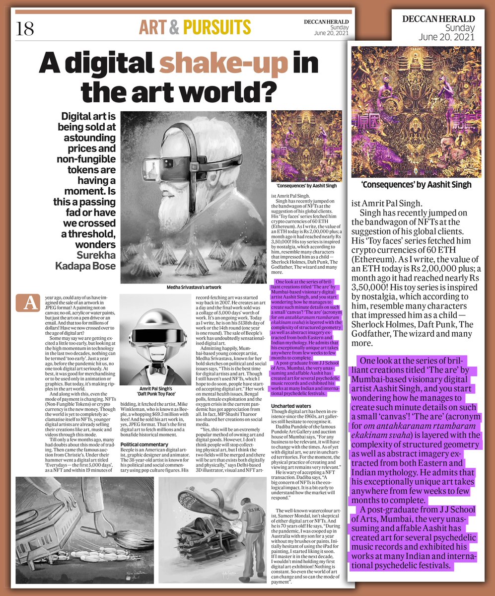 #today in the..
<a href="/DeccanHerald/">Deccan Herald</a> newspaper..
✨😇✨
extremely humbled &amp; 
thank you so much..
<a href="/DeccanHerald/">Deccan Herald</a> 
✨🙏✨
.
#Psychedelic #Art 
#VisionaryAlchemist
#DeccanHerald
#Interview 
#DigitalArt #DigitalArtist 
#NFTs 
#India
