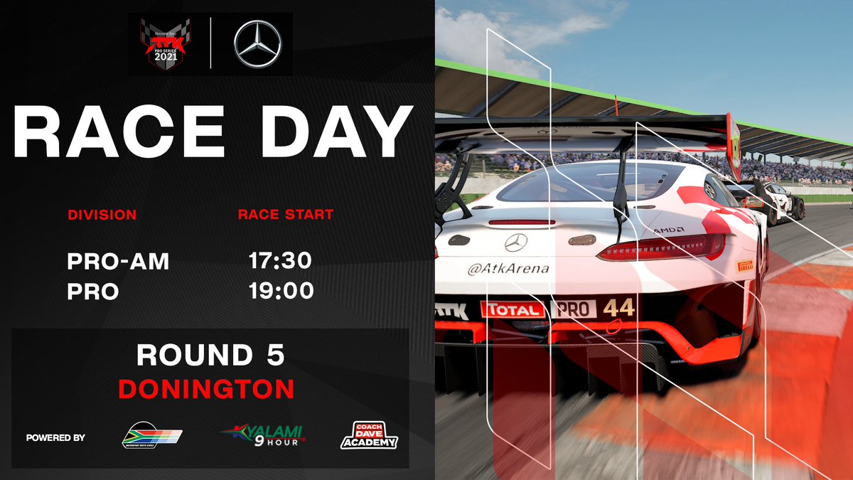 It's race day at Donington for the ACC division!🏁 

Join <a href="/ernestspage/">Ernest Page</a> and <a href="/torquemarius/">Marius Roberts</a> at 17:30 as we start the day with the pro-am drivers, followed by pro division at 19:00!   

🔴Catch the action LIVE: bit.ly/3zF0Nwy

#RaceSeriously