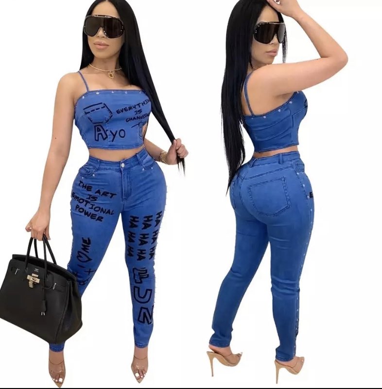 Party Letter Print Fake Jean Women Set Two Piece Set Tracksuits Crop Top Jogger Sweatpants Suit Outfit Matching Set 👉assumptaboutique.com