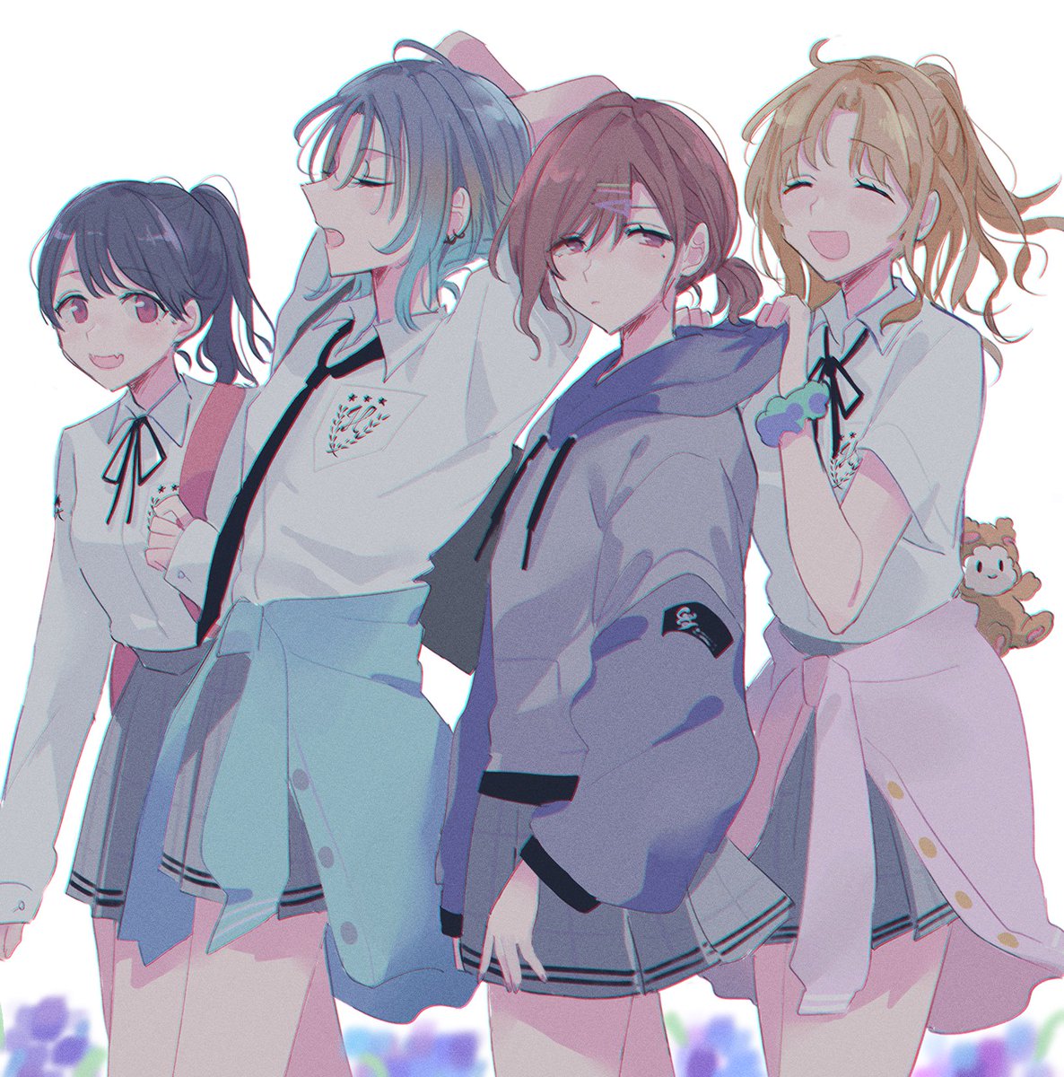 asakura toru ,fukumaru koito ,higuchi madoka ,ichikawa hinana multiple girls 4girls clothes around waist skirt mole under eye school uniform closed eyes  illustration images