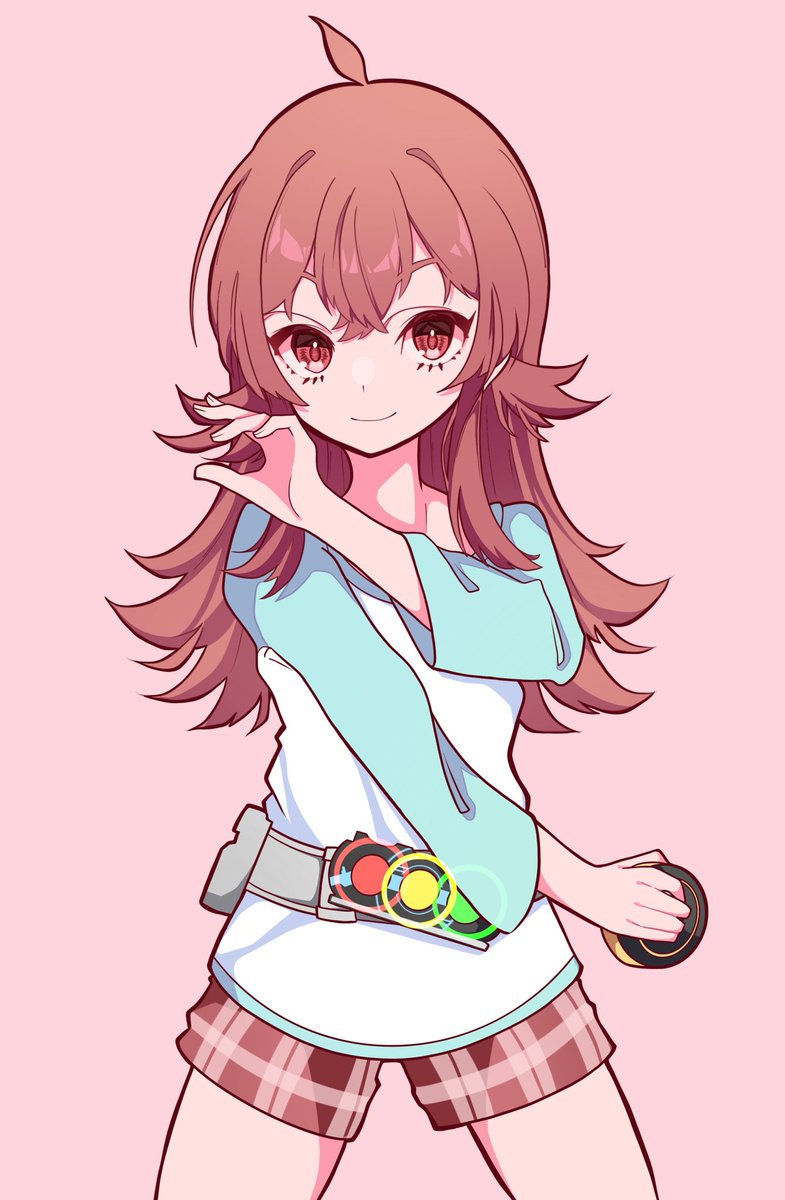 komiya kaho 1girl solo pink background poke ball shorts holding smile  illustration images