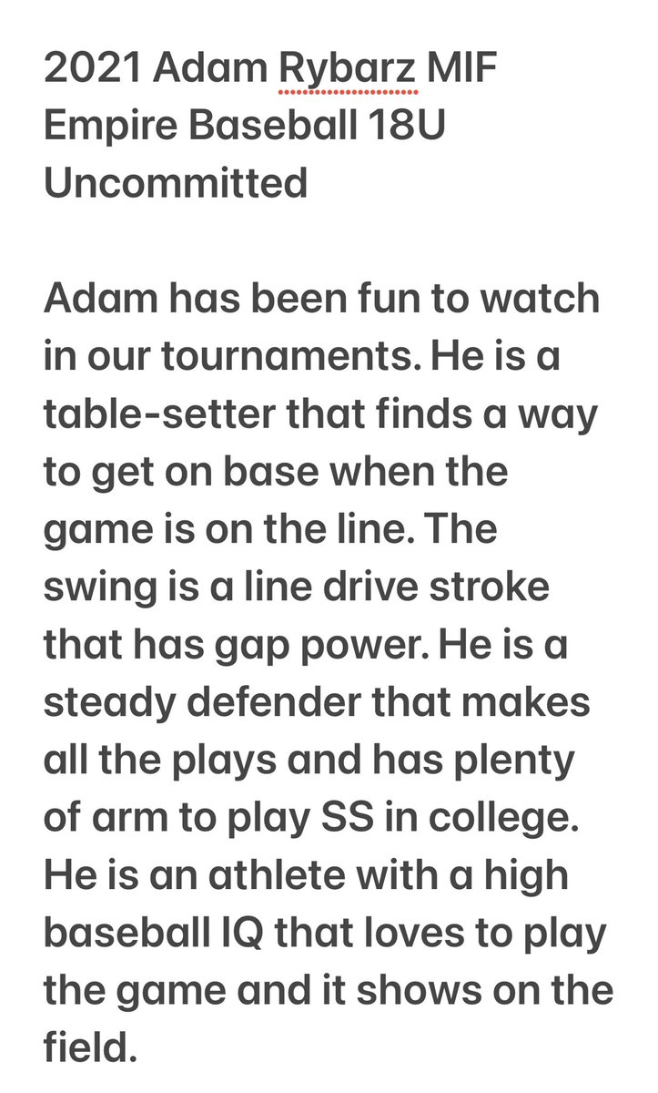 Adam Rybarz is going to be a great addition to any program . <a href="/Empirebsbl/">Empire Baseball</a> <a href="/ProspectWire/">Prospect Wire</a>