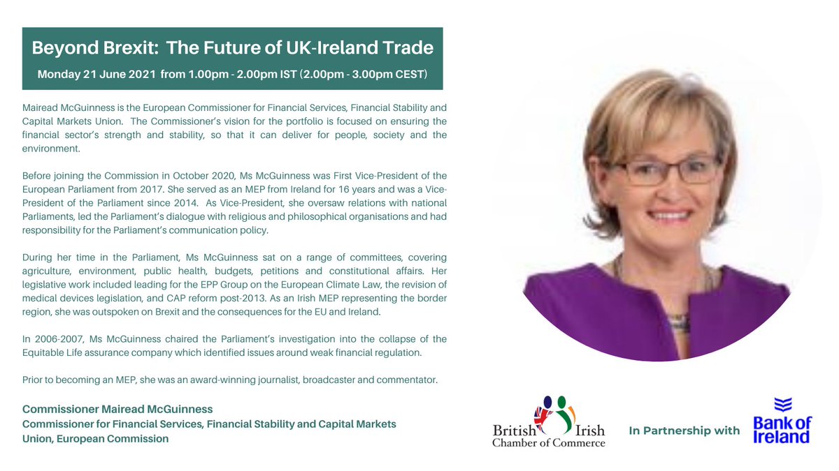 BrIreCham's tweet image. Join us and Commissioner @McGuinnessEU TOMORROW, as we discuss how the Commission is strengthening the EU’s financial system post-Brexit in our next event #BeyondBrexit: The Future of UK-Ireland Trade, in partnership with @bankofireland 

Register NOW ➡️ bit.ly/3cfOD2R