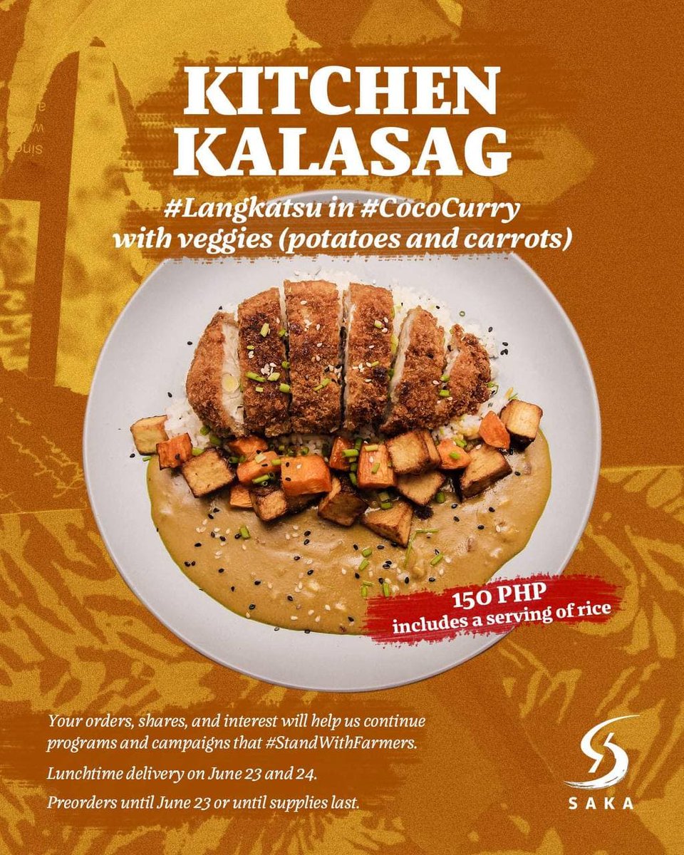 PilipinasSaka's tweet photo. We hear you!

In response to popular demand, the food hackers of SAKA are back with our famous #langkatsu! The healthy, crunchy, and delicious #langkatsu now comes with potatoes and carrots in a #cococurry sauce. 

Place your orders through this form: https://t.co/cGVYc978Ae https://t.co/dMBC4wGGEH