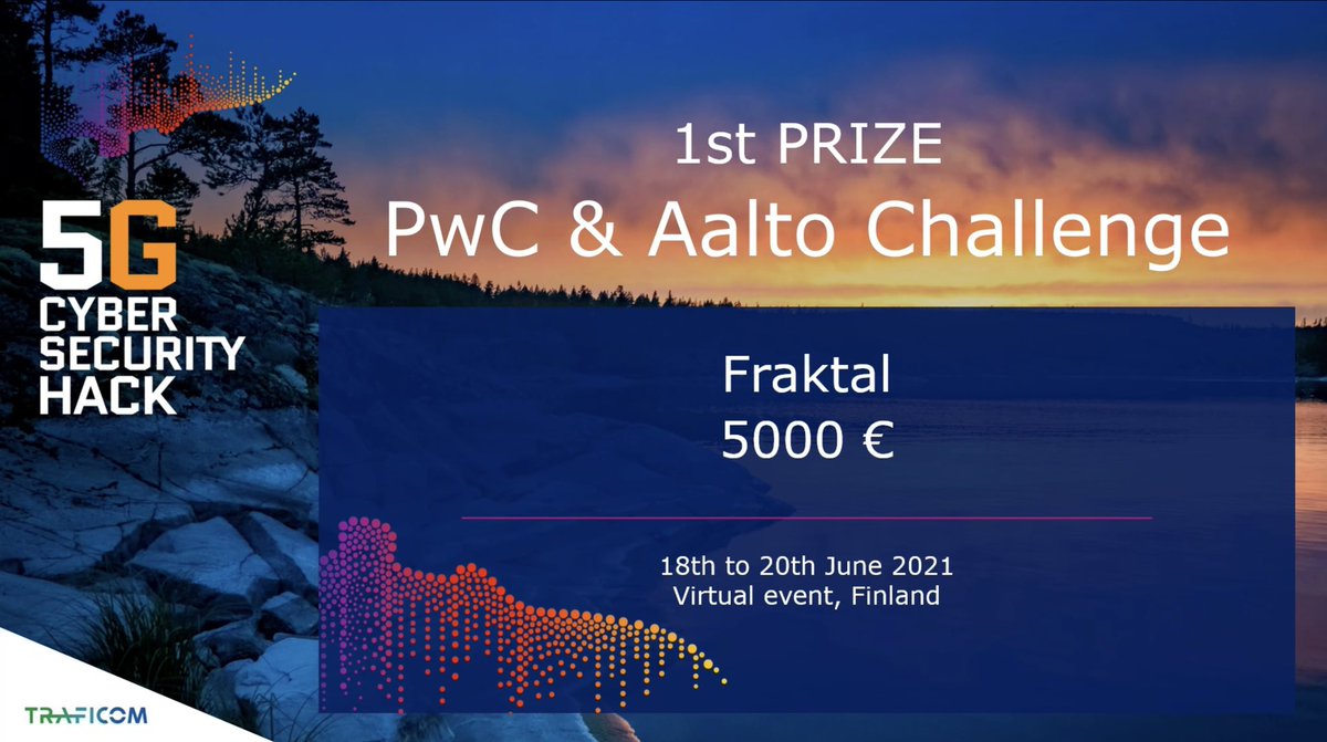 FraktalCyber's tweet photo. It’s a win! 🥇 Our team took the first prize at the #5GCyberHack event by @TraficomFinland. It was a close race to breach a 5G platform to disrupt IoT device access.
Thanks to challenge partners @PwC_Suomi and @AaltoUniversity and the organizers. Lot’s of fun and learning! 💛 https://t.co/YOr5JSann4