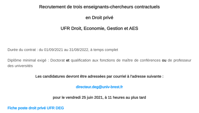 FxRouxDemare's tweet photo. ⚠️⚠️⚠️⚠️⚠️⚠️⚠️⚠️⚠️

URGENT - A DIFFUSER

La Faculté de Droit de @UBO_UnivBrest recrute
TROIS LRU Droit privé 
50% Enseignement (192 HETD) et 50% Recherche 

❌❌❌❌❌❌❌❌❌❌

CANDIDATURE JUSQU'AU 25 JUIN 2021

❌❌❌❌❌❌❌❌❌❌

https://t.co/M0Ne6lXFFa

⚠️⚠️⚠️⚠️⚠️⚠️⚠️⚠️⚠️ https://t.co/2ps3wzvvDI