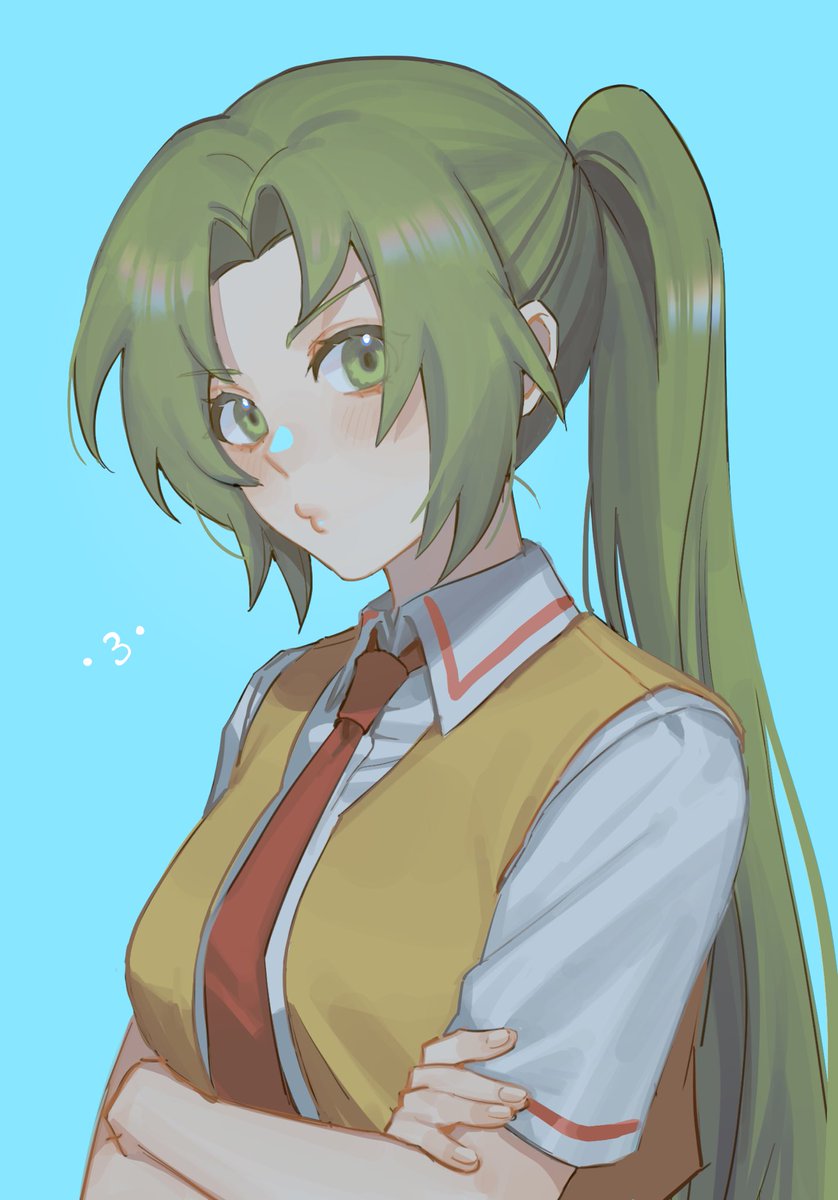 sonozaki mion 1girl solo necktie red necktie crossed arms green hair long hair  illustration images